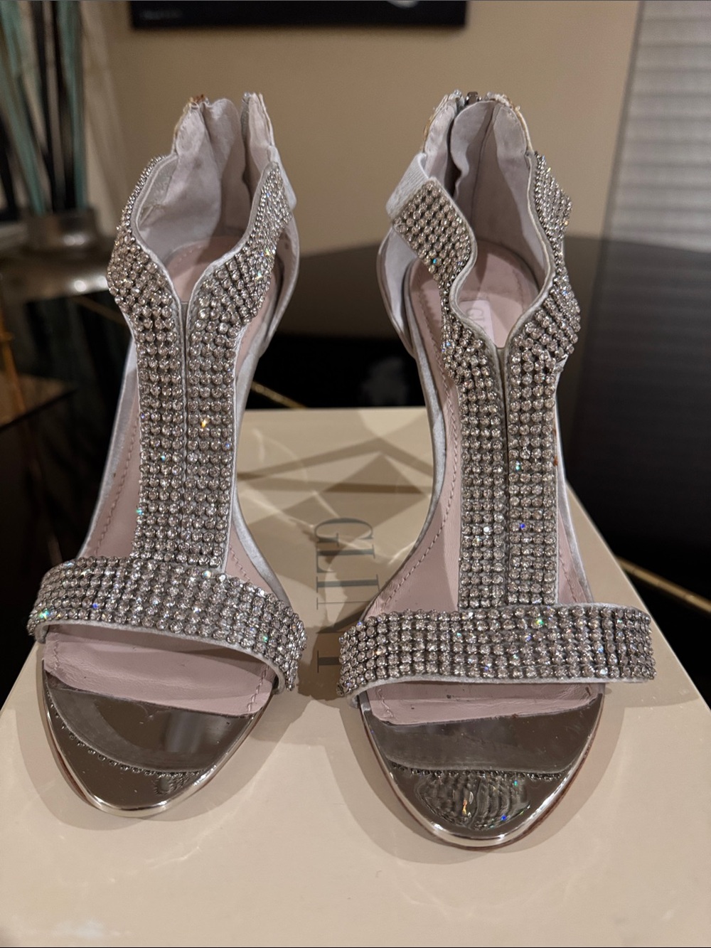 Glint Crystal T-Strap Open-Toe Heels in Pale Gray and Silver